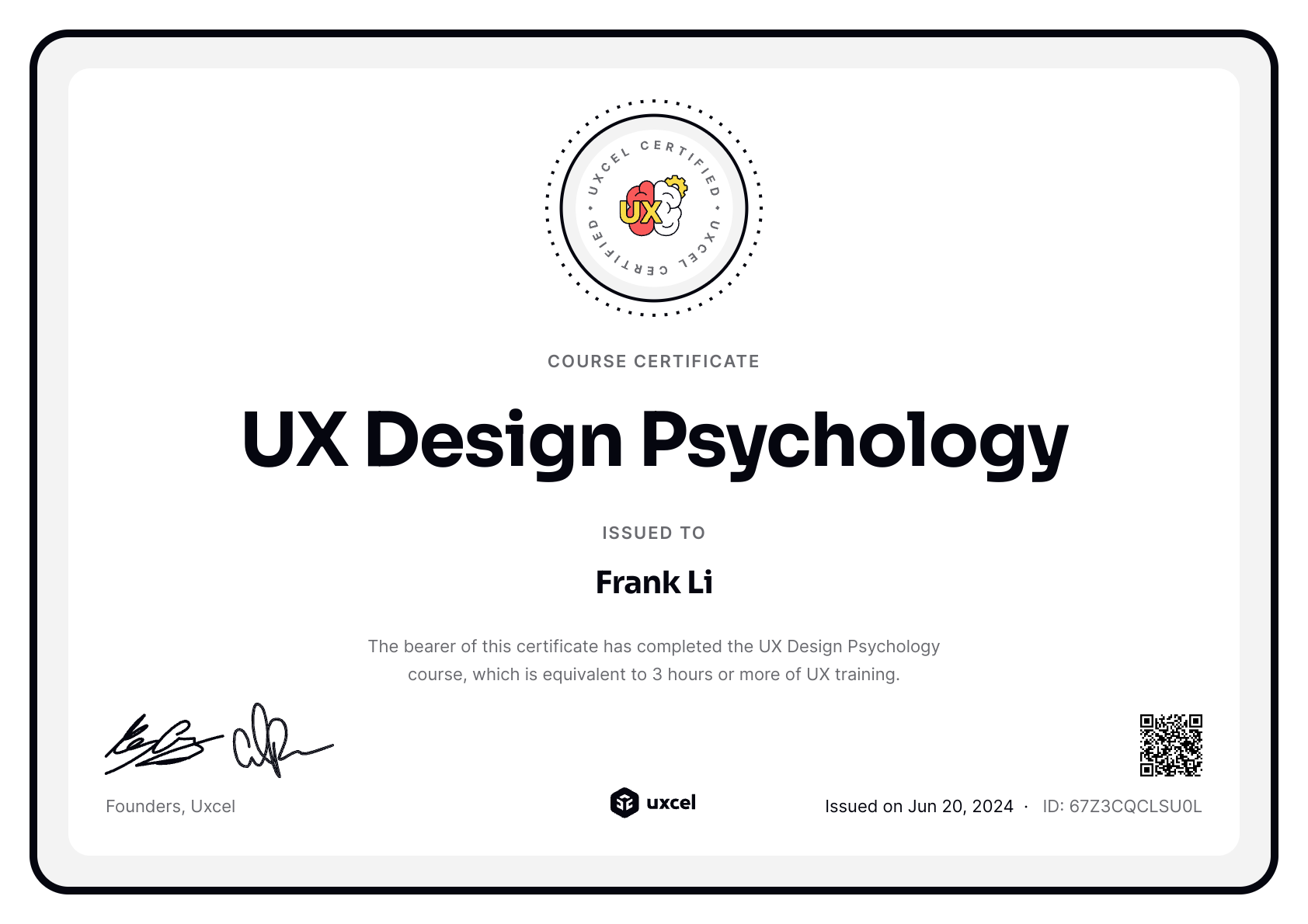 Frank Li's certificate